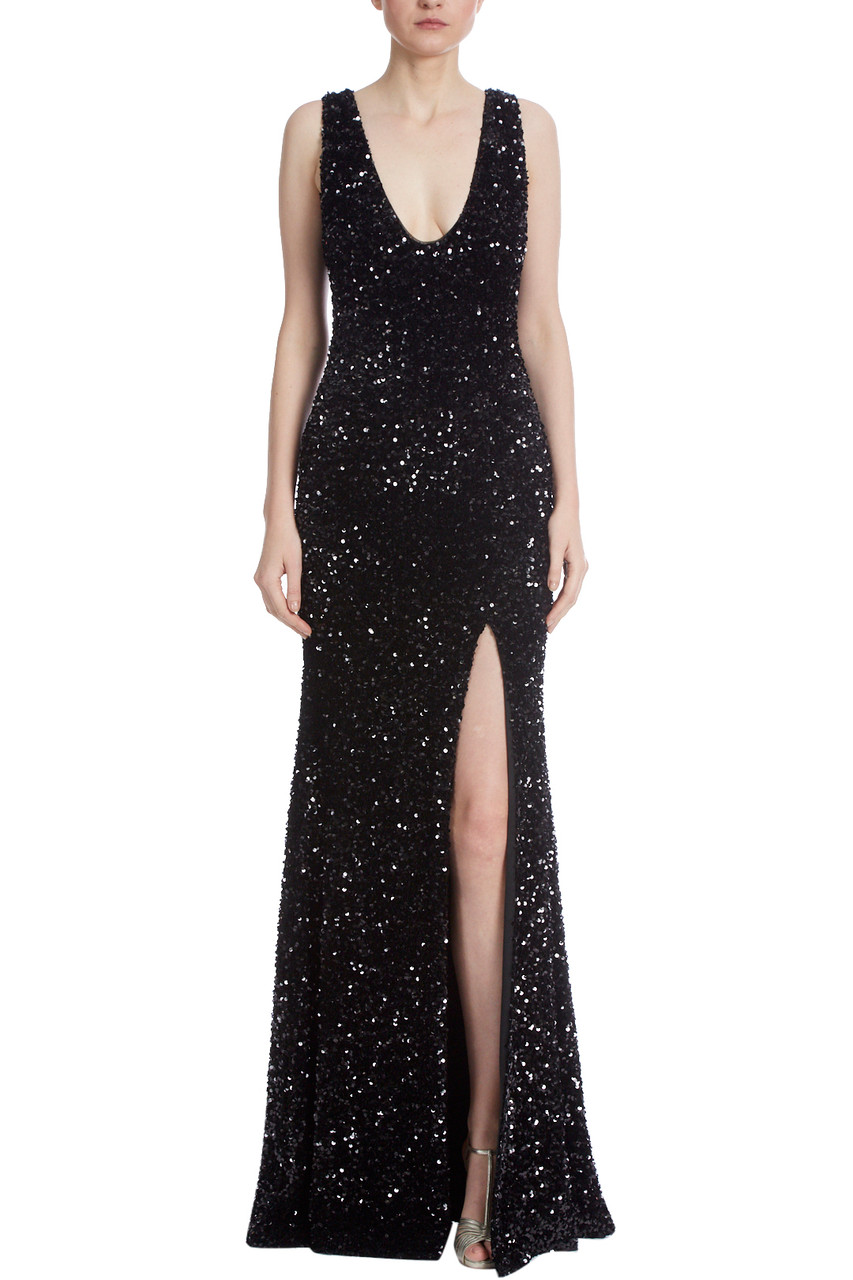 Velvet Sequin Slit Gown by Badgley Mischka